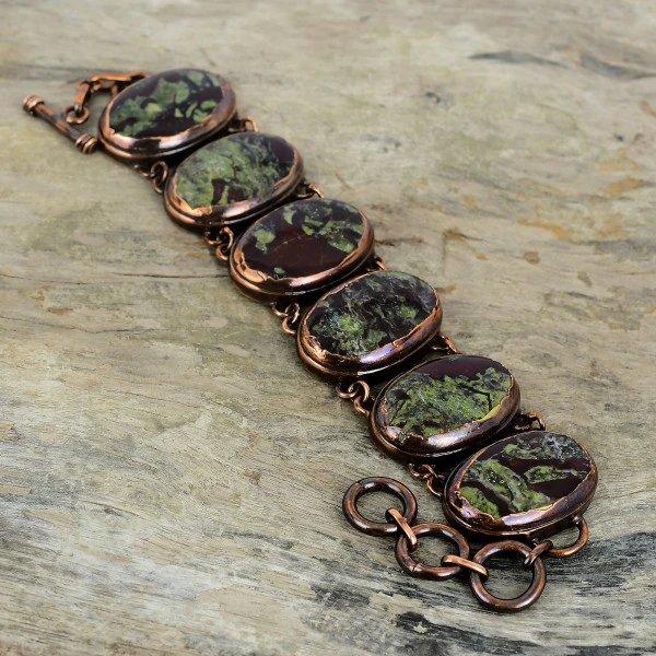 Dragon Bloodstone Oval Green Handmade Copper Electroformed Bracelet