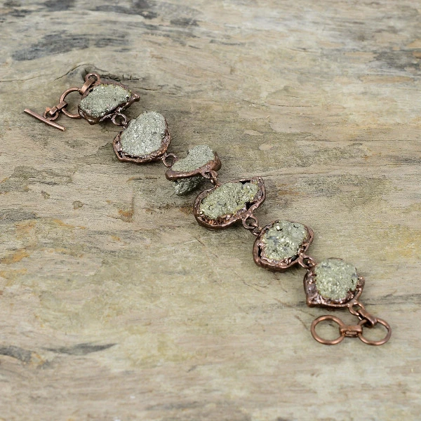 Pyrite Rough Pentagon Gold Handmade Copper Electroformed Bracelet