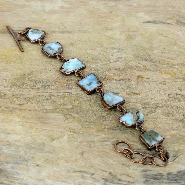 Larimar Rough Square Blue Handmade Copper Electroformed Bracelet