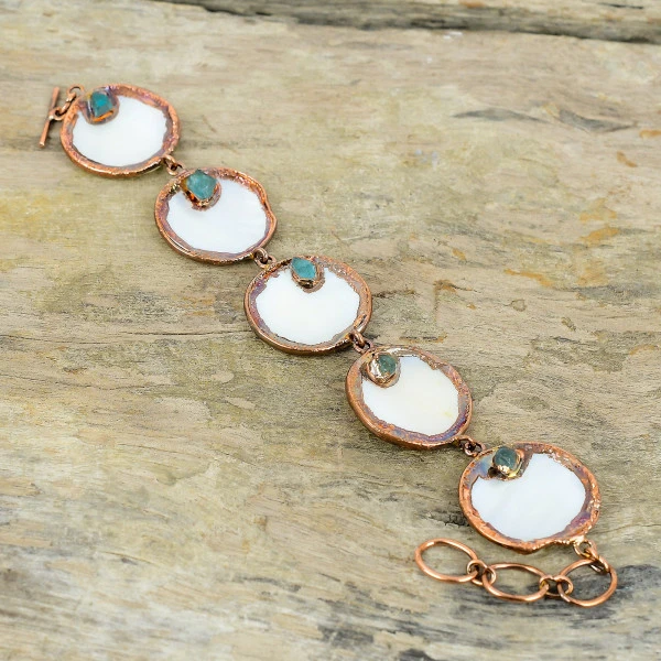 Mother Of Pearl Round White Handmade Copper Electroformed Bracelet