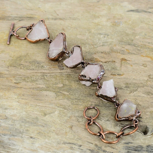 Rose Quartz Rough Trillion Pink Handmade Copper Electroformed Bracelet