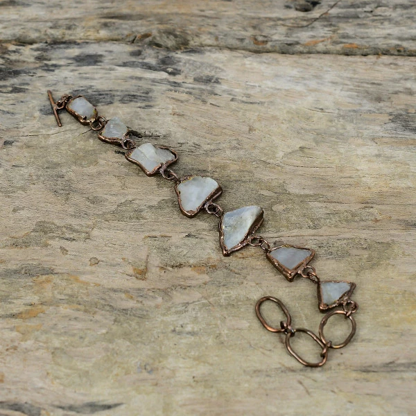 Rainbow Moonstone Rough Trillion White Handmade Copper Electroformed Bracelet
