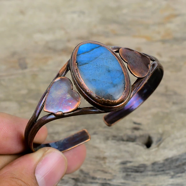 Labradorite Oval Gray Handmade Copper Electroformed Bangle