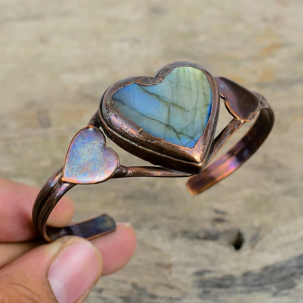 Labradorite Heart Gray Handmade Copper Electroformed Bangle
