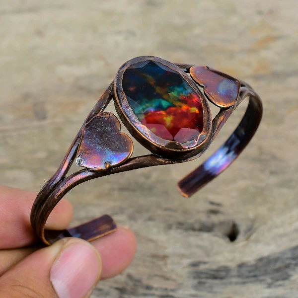 Ammolite Oval Red Handmade Copper Electroformed Bangle