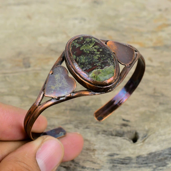 Dragon Bloodstone Oval Green Handmade Copper Electroformed Bangle