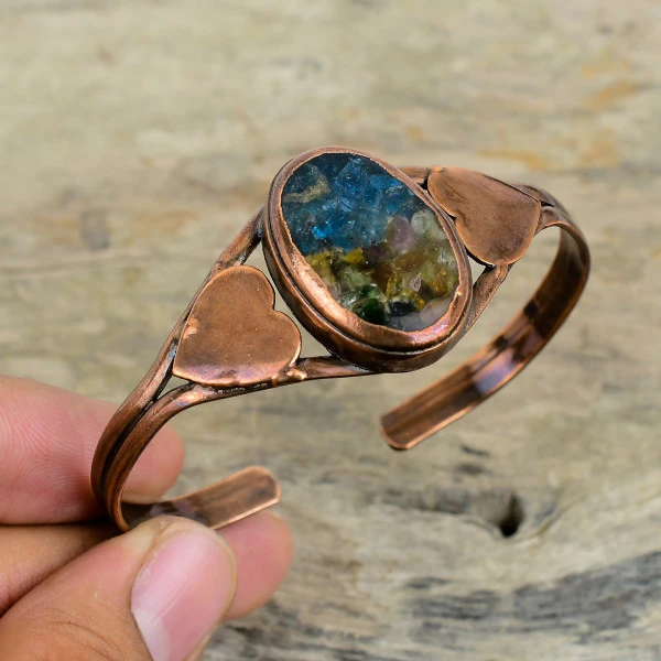 Watermelon Tourmaline Oval Blue Handmade Copper Electroformed Bangle