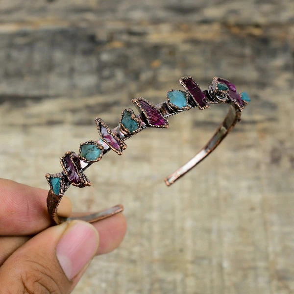 Aquamarine Rough Round Green Handmade Copper Electroformed Bangle