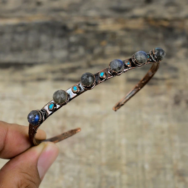 Labradorite Round Gray Handmade Copper Electroformed Bangle