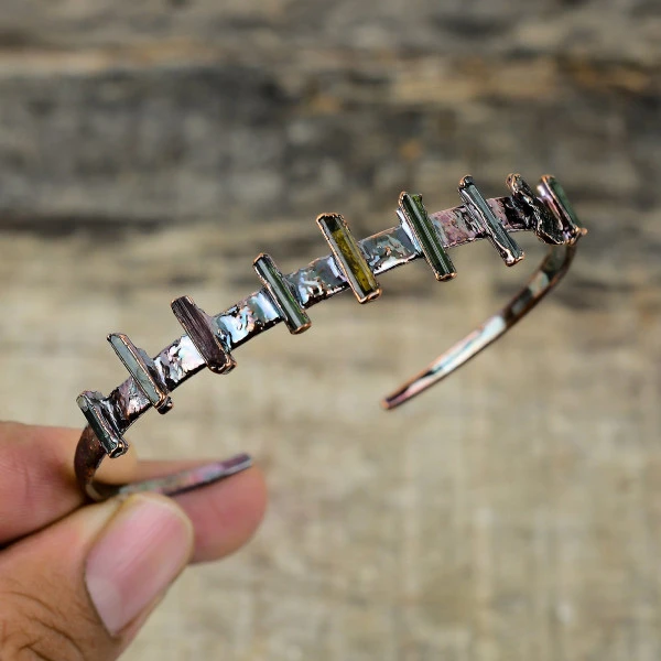 Multi Tourmaline Rough Radiant Green Handmade Copper Electroformed Bangle