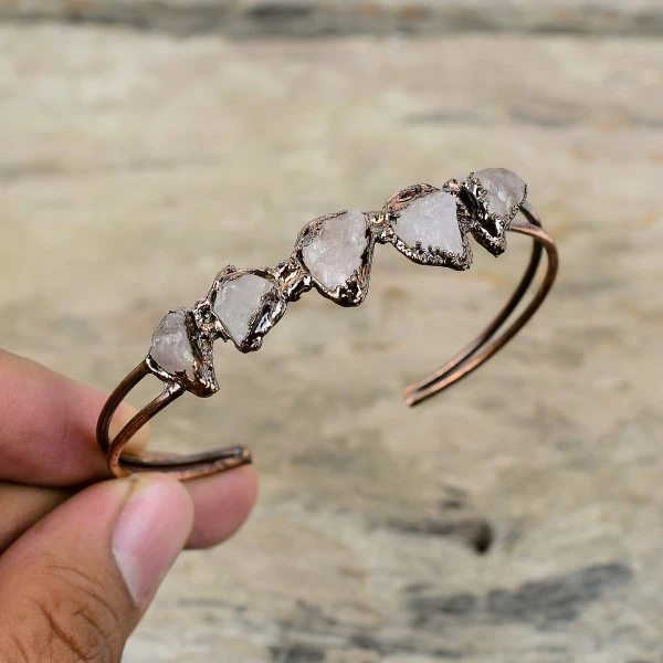 Rose Quartz Rough Pear Pink Handmade Copper Electroformed Bangle
