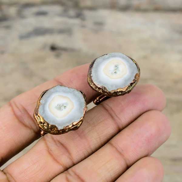 Solar Quartz Druzy Cufflinks Electroformed Copper Jewelry Gemstone Cuff Links