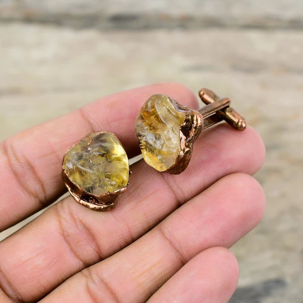 Citrine Rough Cufflinks Electroformed Copper Antique Jewelry Gemstone Cuff Links