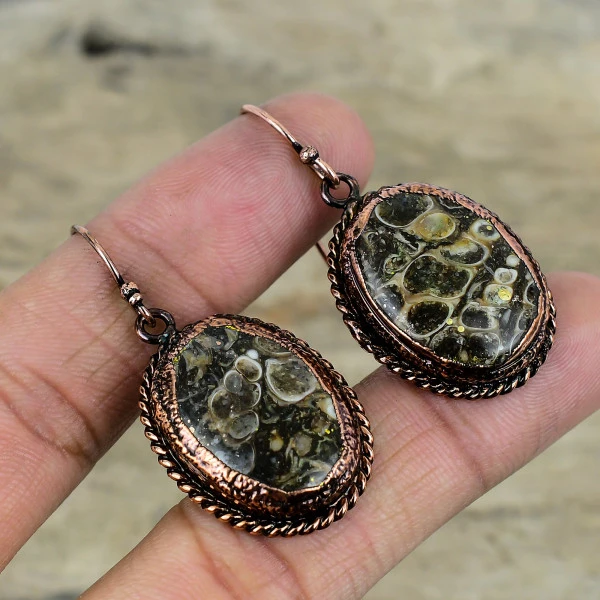 Turritella Agate Oval Black Handmade Copper Electroformed Earring