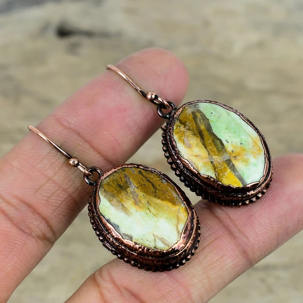Australian Chrome Chalcedony Oval Green Handmade Copper Electroformed Earring