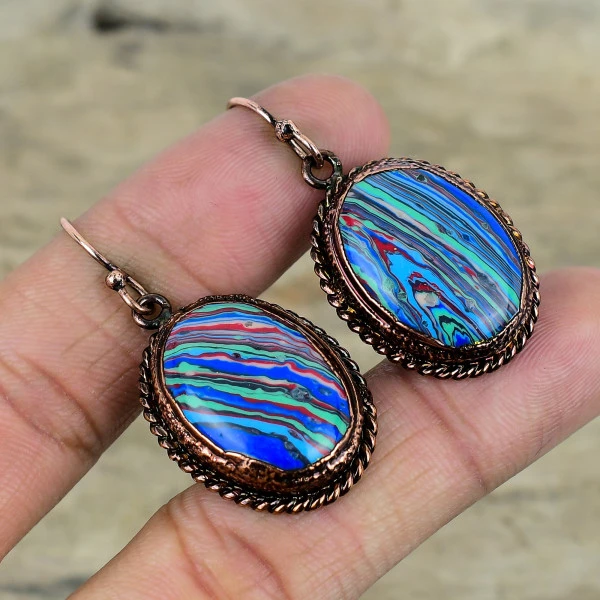 Rainbow Calsilica Oval Blue Handmade Copper Electroformed Earring