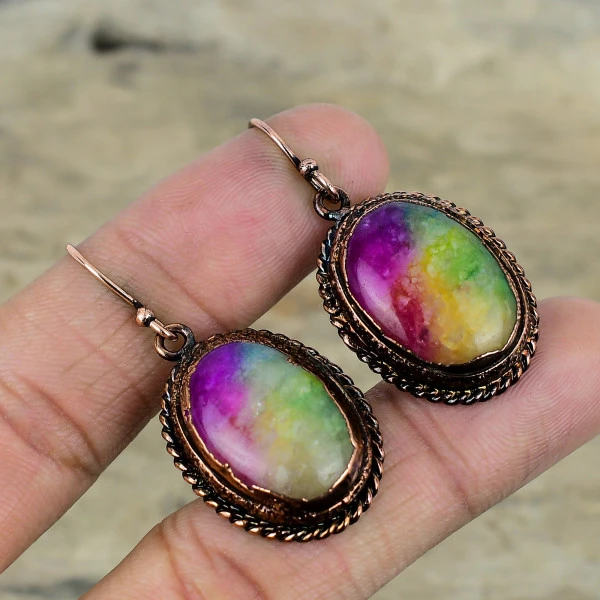 Rainbow Solar Quartz Druzy Oval Yellow Handmade Copper Electroformed Earring