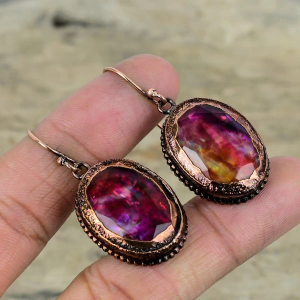 Ammolite Oval Purple Handmade Copper Electroformed Earring