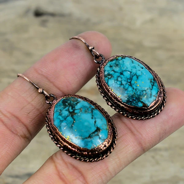 Tibetan Turquoise Oval Blue Handmade Copper Electroformed Earring