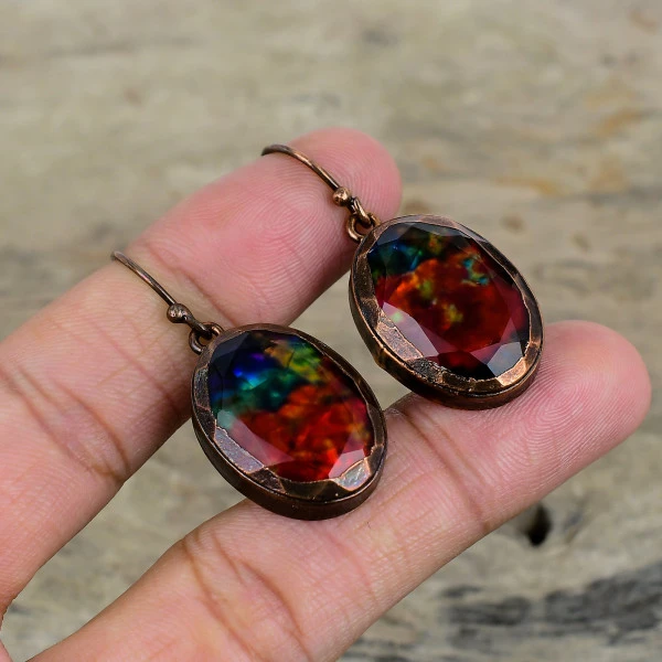 Ammolite Oval Red Handmade Copper Electroformed Earring