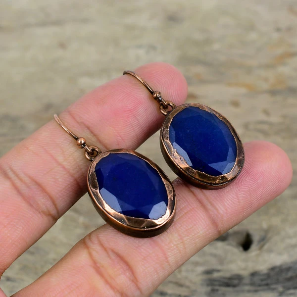 Blue Sapphire Oval Blue Handmade Copper Electroformed Earring