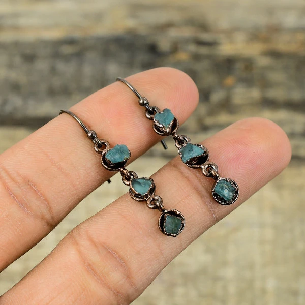 Aquamarine Rough Pentagon Green Handmade Copper Electroformed Earring