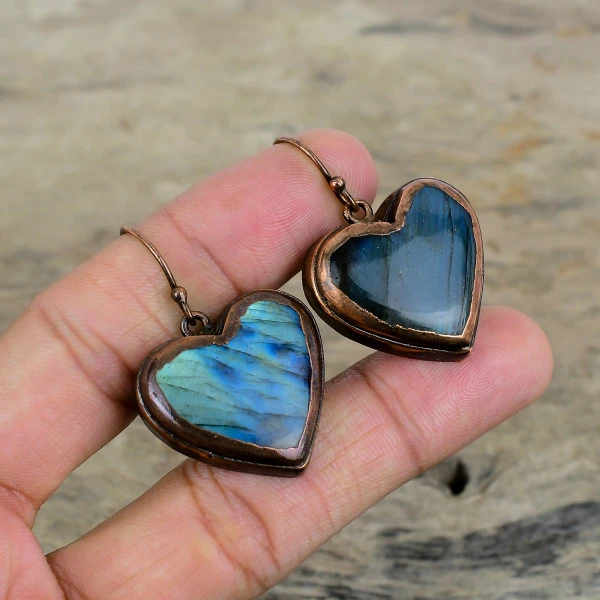Labradorite Heart Gray Handmade Copper Electroformed Earring