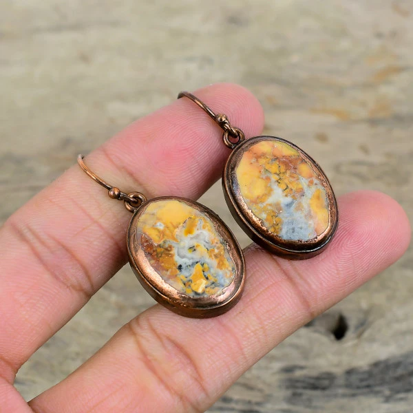 Maligano Jasper Oval Yellow Handmade Copper Electroformed Earring