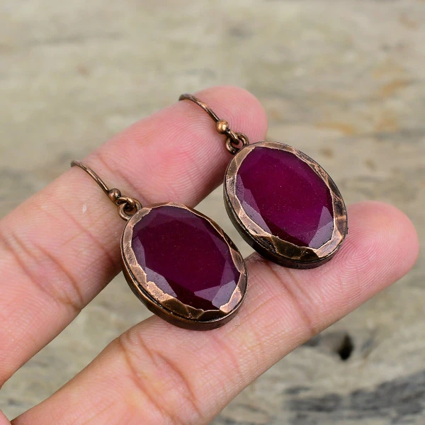 Kashmir Ruby Oval Red Handmade Copper Electroformed Earring
