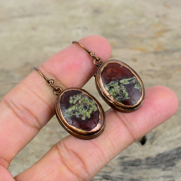 Dragon Bloodstone Oval Green Handmade Copper Electroformed Earring