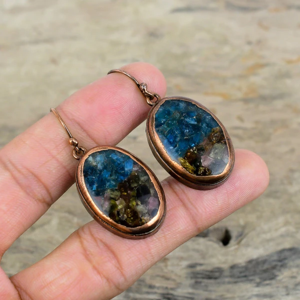 Watermelon Tourmaline Oval Blue Handmade Copper Electroformed Earring