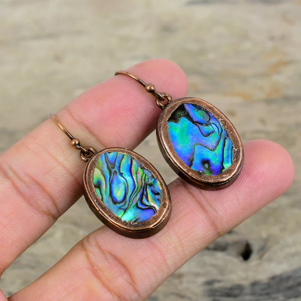 Abalone Shell Oval Green Handmade Copper Electroformed Earring