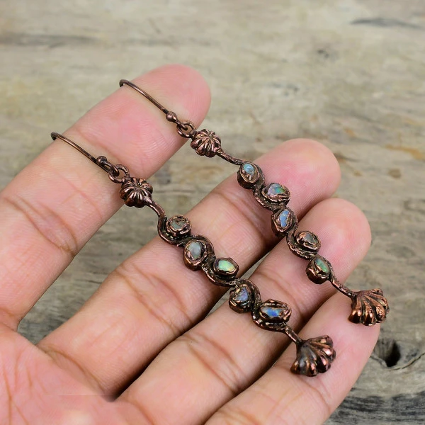 Ethiopian Opal Pentagon White Handmade Copper Electroformed Earring