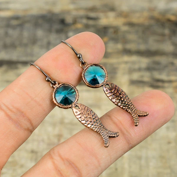 Indicolite Round Blue Handmade Copper Electroformed Earring