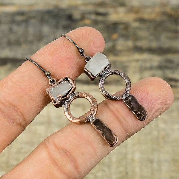 Rainbow Moonstone Rough Radiant White Handmade Copper Electroformed Earring