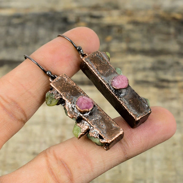 Pink Tourmaline Rough Round Pink Handmade Copper Electroformed Earring
