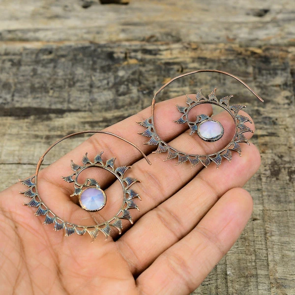 Milky Opal Round White Handmade Copper Electroformed Earring