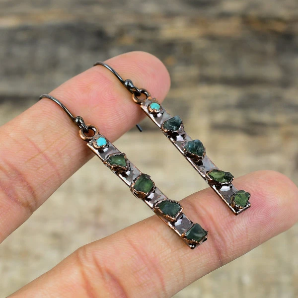 Green Tourmaline Rough Round Green Handmade Copper Electroformed Earring