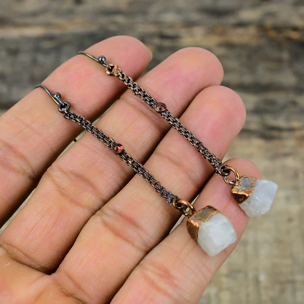 Rainbow Moonstone Rough Radiant White Handmade Copper Electroformed Earring