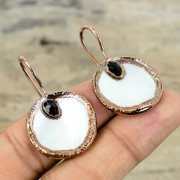 Mother Of Pearl Round White Handmade Copper Electroformed Earring