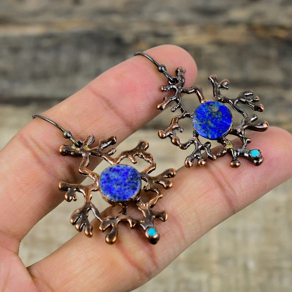 Lapis Lazuli Round Blue Handmade Copper Electroformed Earring