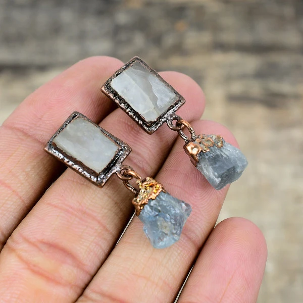 Rainbow Moonstone Rough Radiant White Handmade Copper Electroformed Earring