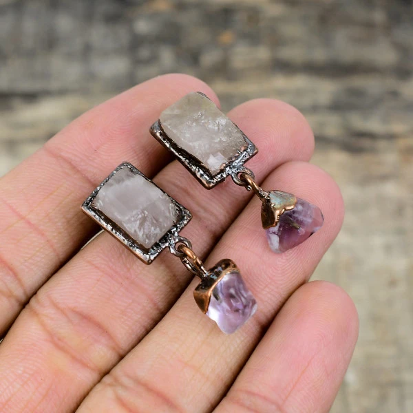 Rose Quartz Rough Radiant Pink Handmade Copper Electroformed Earring