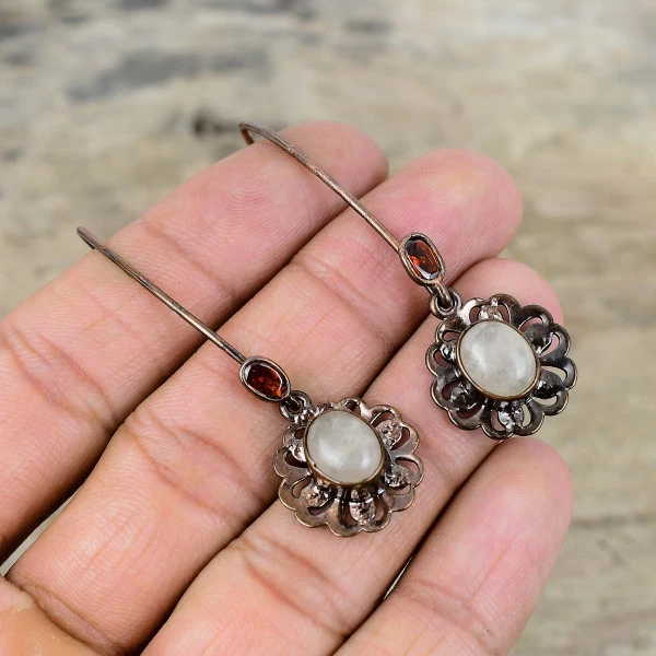 Rainbow Moonstone Oval White Handmade Copper Electroformed Earring