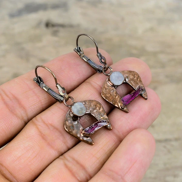 Rainbow Moonstone Rough Round White Handmade Copper Electroformed Earring