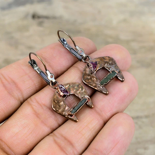Green Tourmaline Rough Radiant Green Handmade Copper Electroformed Earring
