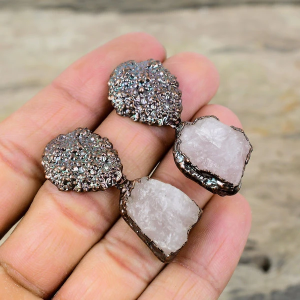 Rose Quartz Rough Radiant Pink Handmade Copper Electroformed Earring