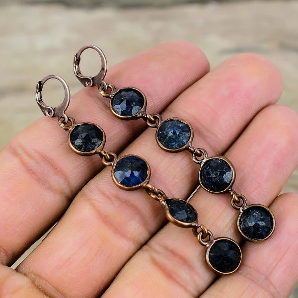 Blue Sapphire Round Blue Handmade Copper Electroformed Earring