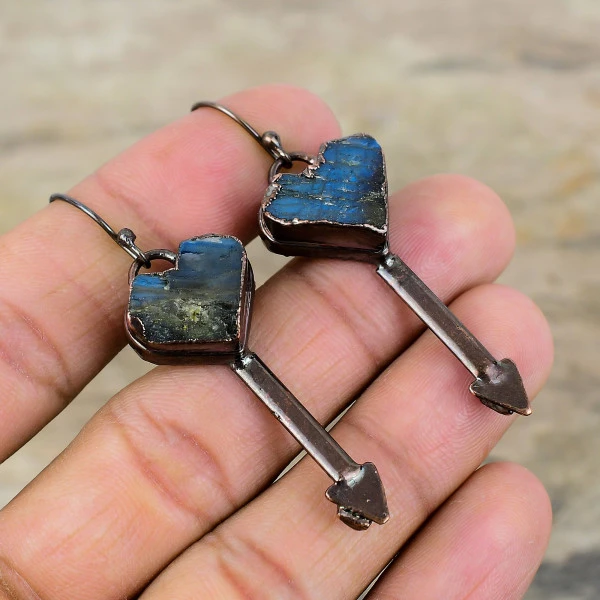 Labradorite Rough Heart Gray Handmade Copper Electroformed Earring