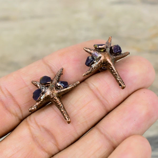 African Amethyst Rough Pentagon Purple Handmade Copper Electroformed Earring